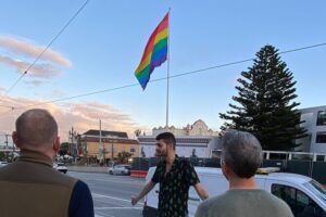 Castro District LGBTQ+ History Tour - Stop 1: The original rainbow flag, quilt fragment, and Jose Sarria items