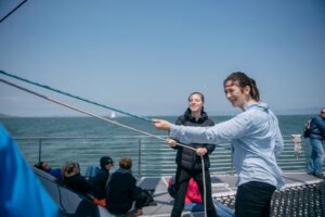 San Francisco Bay Sailing Cruise - The Adventure Cat: covered cabin vs trampoline nets
