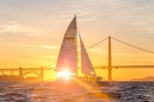 San Francisco Bay Sunset Catamaran Cruise - The Adventure Cat setup: interior comfort vs open deck wind